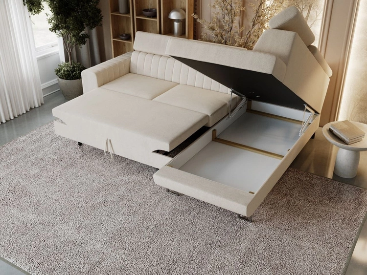 Ecksofa mit Schlaffunktion und Bettkasten Berona rechts Beige