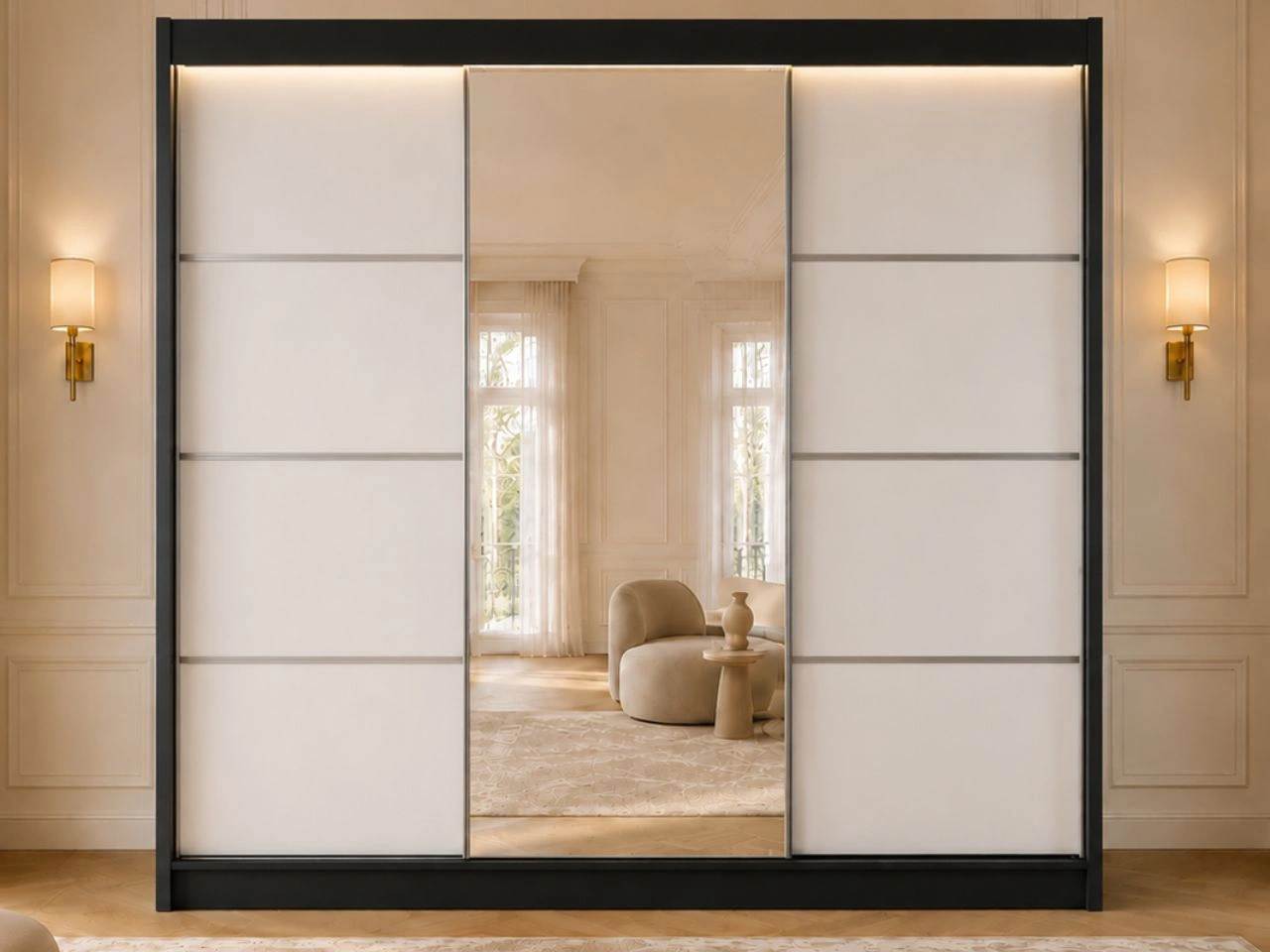 Schiebetürenschrank mit Spiegel 250 cm mit LED-Beleuchtung Portel Weiß, Schwarz