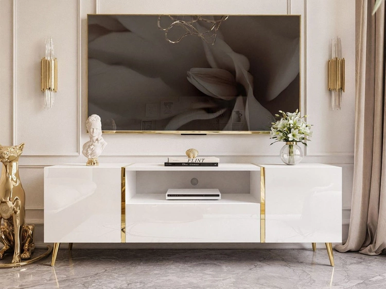 TV-Schrank im Glamour-Stil mit Schränken und Schublade Lunelie Weiß Hochglanz