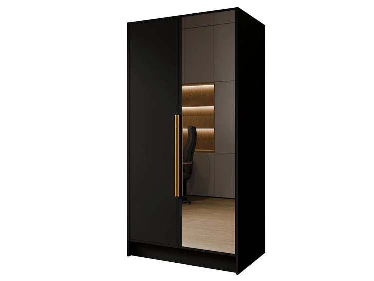 Kleiderschrank mit Spiegel 100 cm Lucca Schwarz mit goldenen Griffen