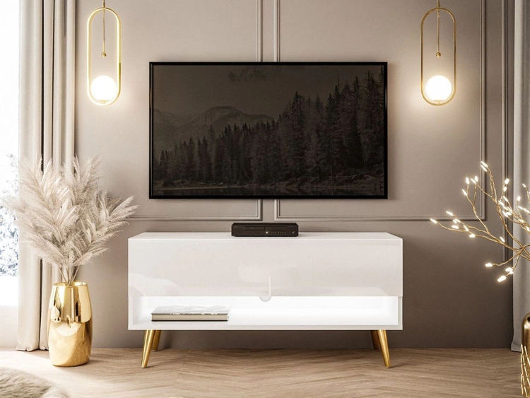 TV-Schrank 90 cm mit LED-Beleuchtung und goldenen Beinen Aurelie Weiß Hochglanz