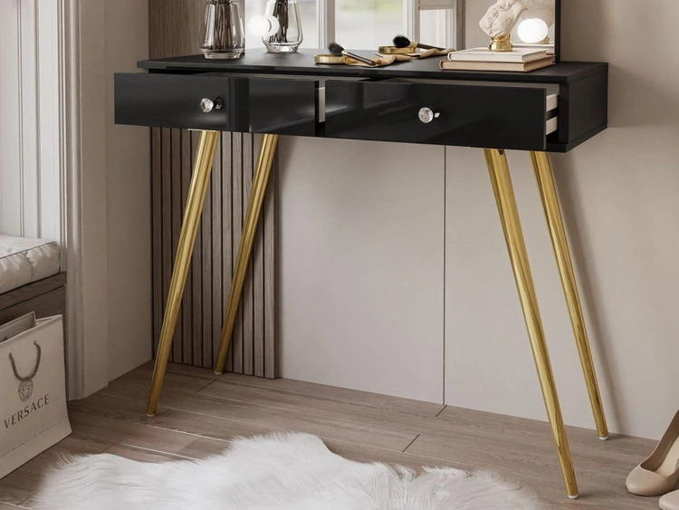 Schminktisch im Glamour-Stil mit Schubladen, Kristallgriffen und LED-Beleuchtung Olivine Elite Schwarz Hochglanz