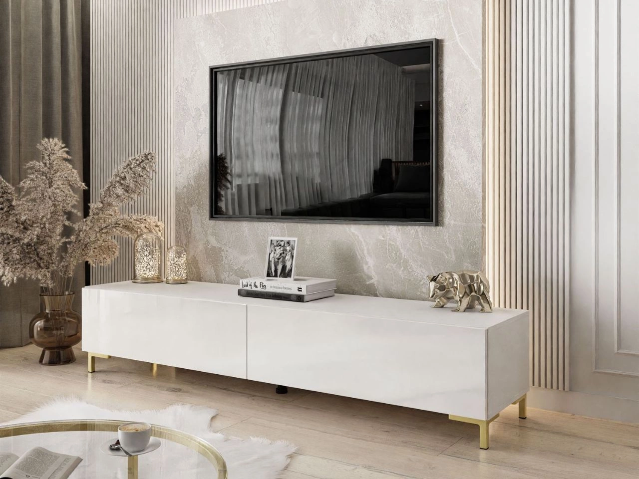 TV-Lowboard mit zwei Türen auf goldenen Beinen 175 cm mit LED-Beleuchtung Sorelle Weiß Hochglanz