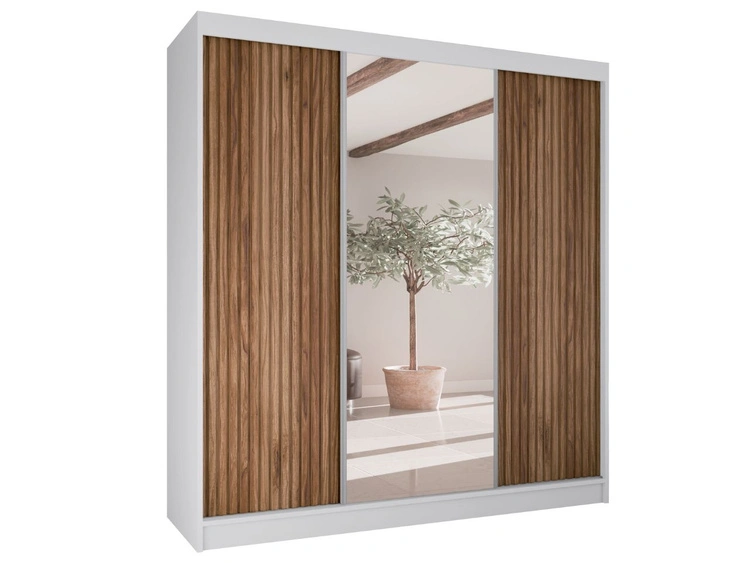 Schiebetürenschrank mit geriffelter Front und Spiegel 200 cm Rivas Weiß, Catania