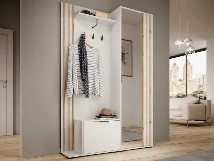 Garderobe mit Spiegel und Kleiderhaken Weiß, Artisan Eiche