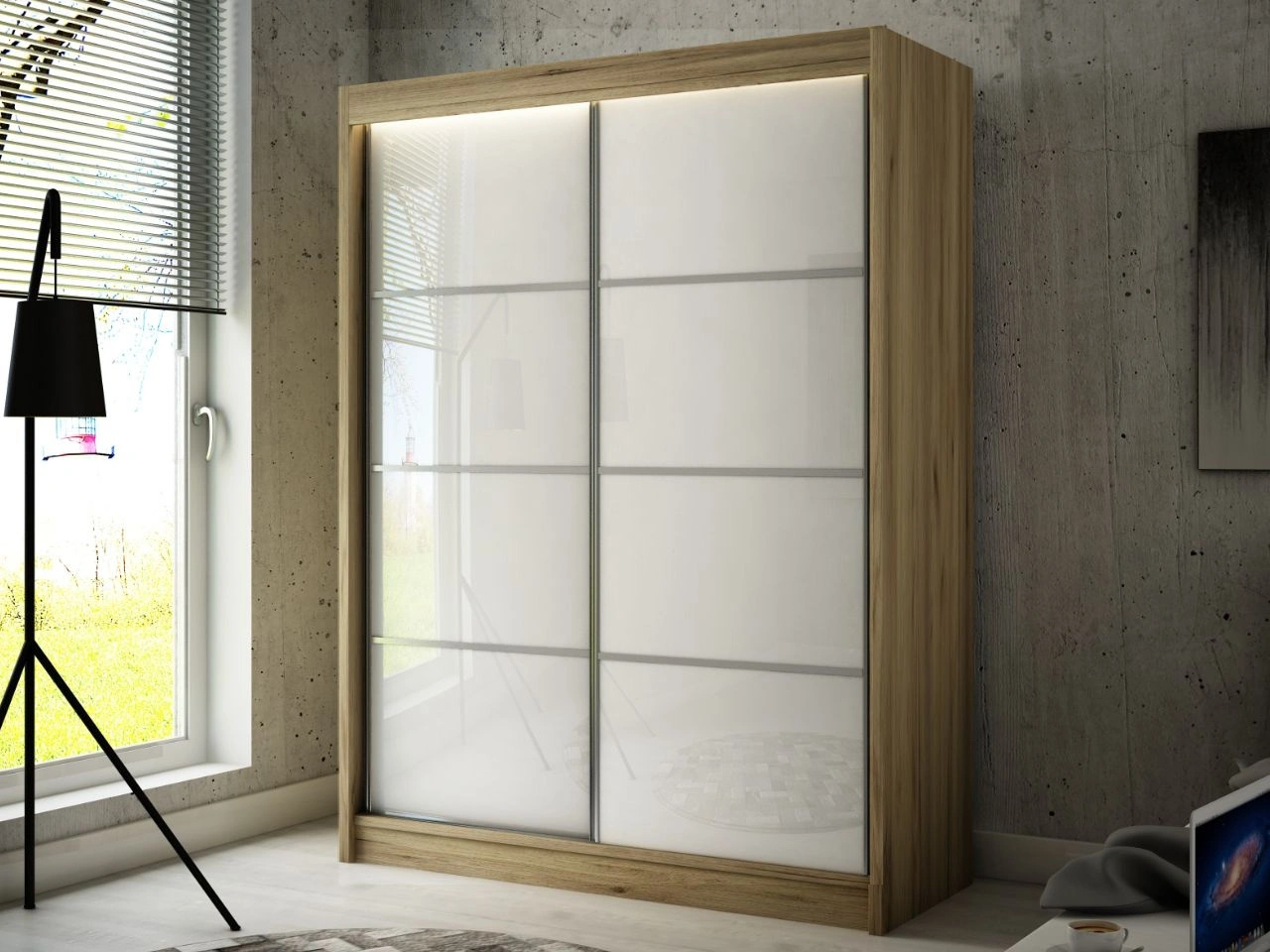 Schiebetürenschrank mit Sprossen 150 cm mit LED-Beleuchtung Ponti  Handwerk Goldene Eiche, Weiß