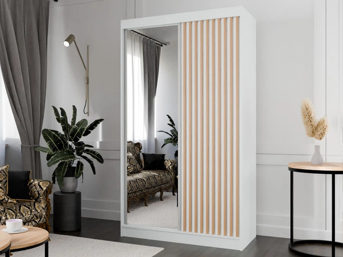 Schiebetürenschrank mit Spiegel und Lamellen 120 cm Loreto Weiß