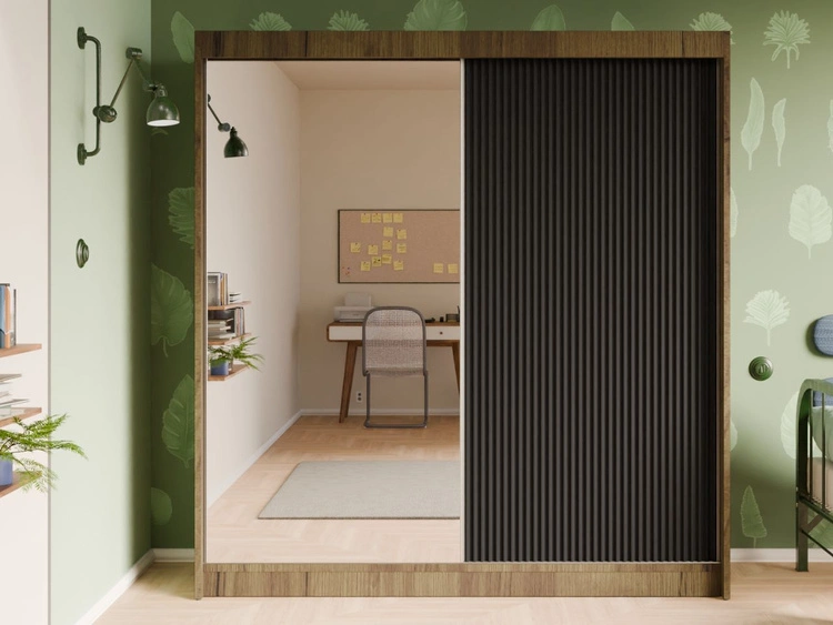 Schiebetürenschrank mit geriffelter Front und Spiegel 200 cm Fano Handwerk Goldene Eiche, Schwarz