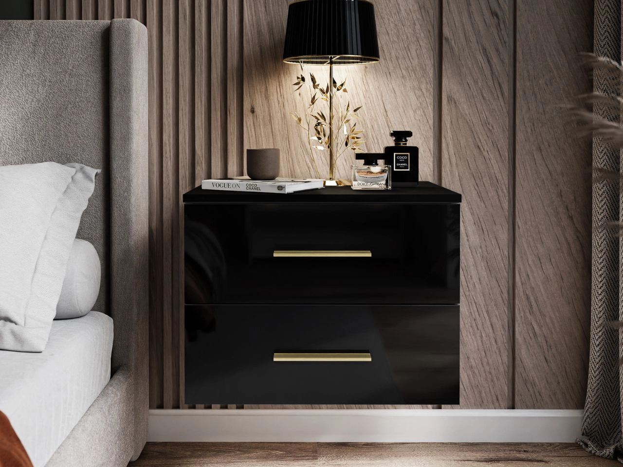 Hängender Nachttisch mit zwei Schubladen Nuveo Schwarz Hochglanz