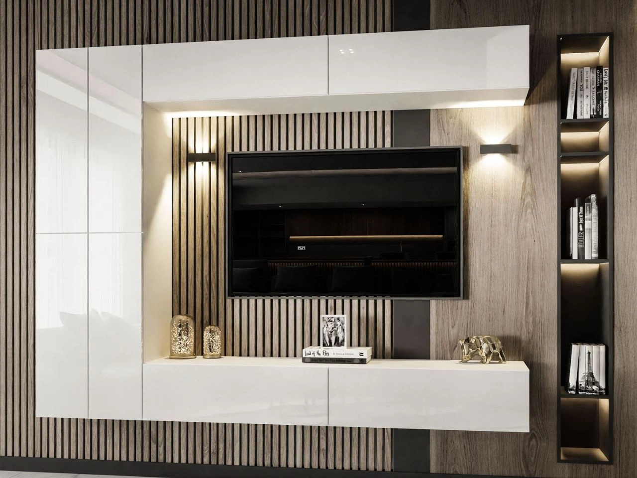 Hängende TV-Wohnwand mit LED-Beleuchtung für das Wohnzimmer Sorelle Weiß Hochglanz