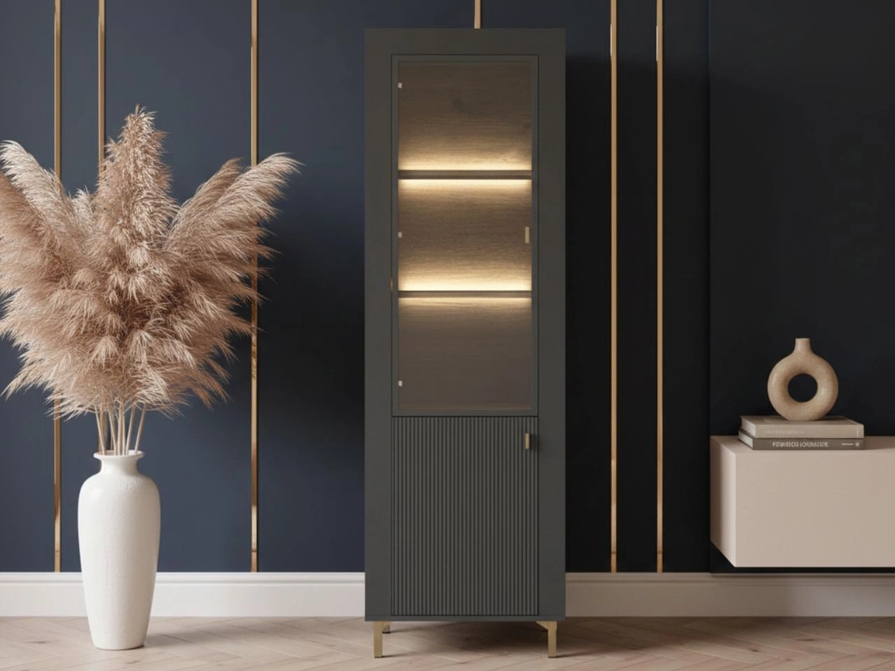 Schmale Standvitrine mit LED-Beleuchtung Messina Schwarz