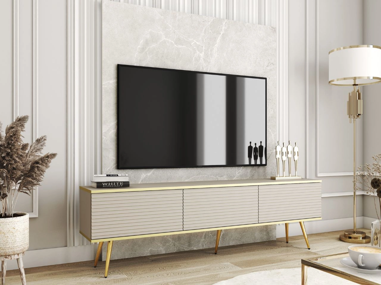 TV-Lowboard mit Türen 175 cm Diolo Beige mit geriffelter Vorderseite auf goldenen Beinen