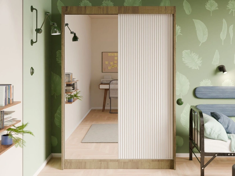 Schiebetürenschrank mit geriffelter Front und Spiegel 150 cm Fano Handwerk Goldene Eiche, Weiß