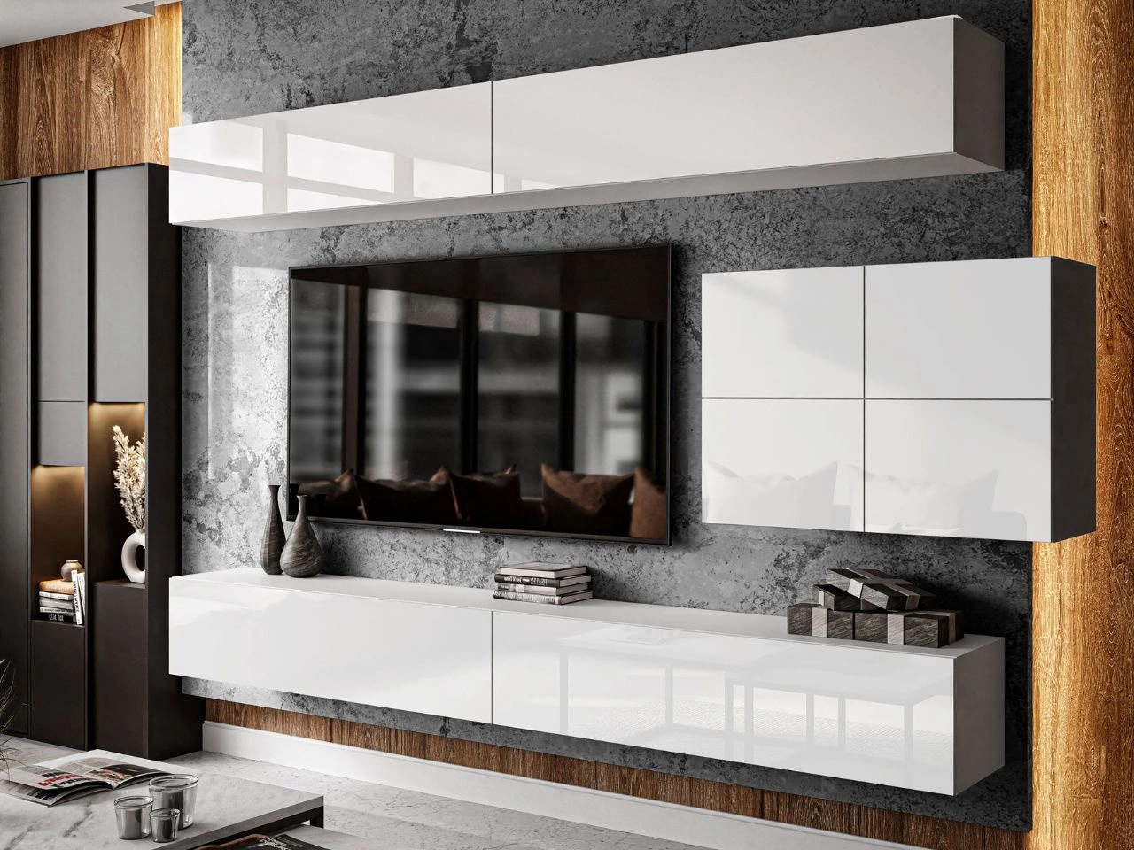 Hängende Wohnwand für das Wohnzimmer Nodoo Weiß Hochglanz