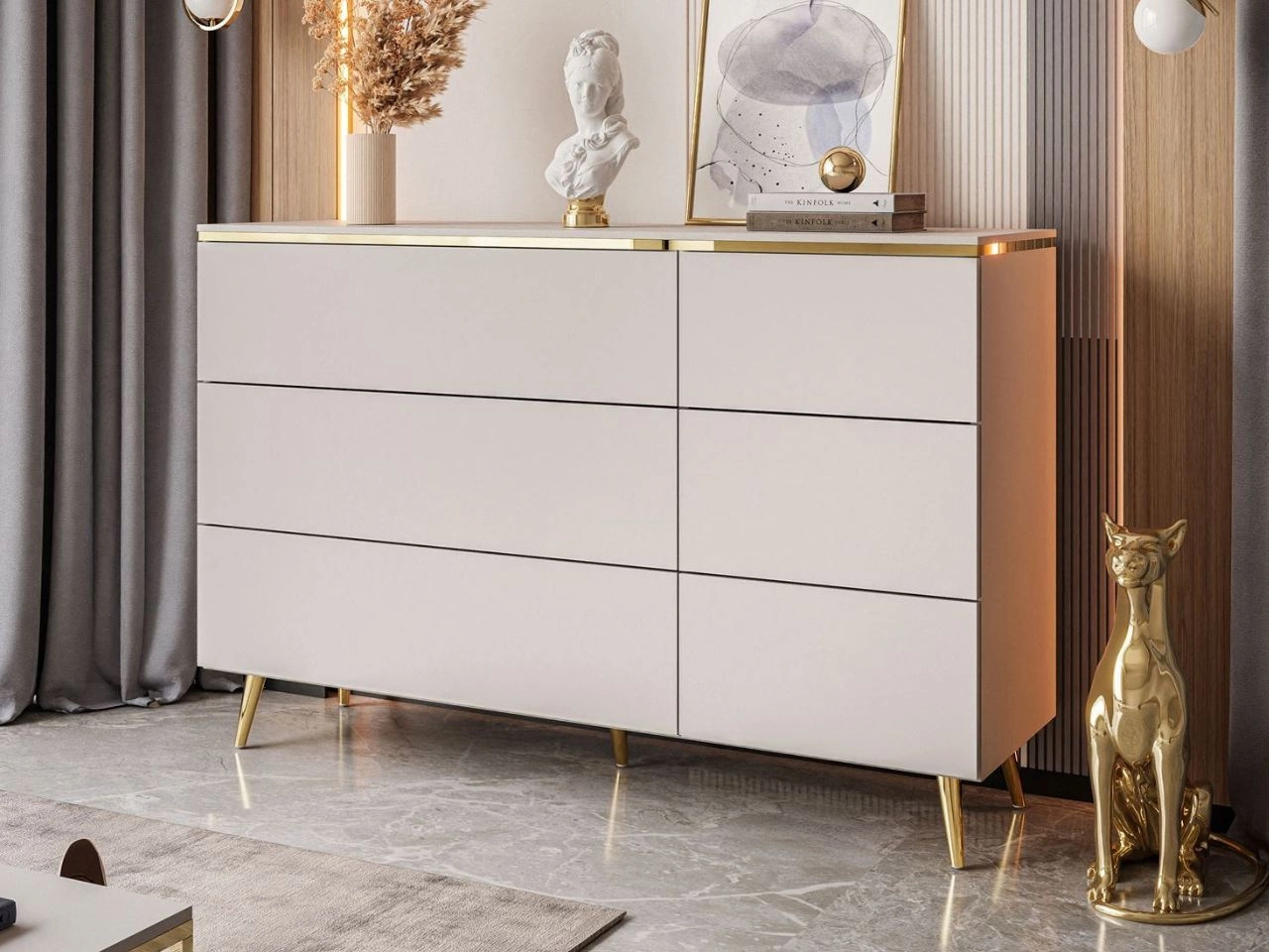 Kommode Glamour mit sechs Schubladen auf goldenen Beinen Evare Kaschmir