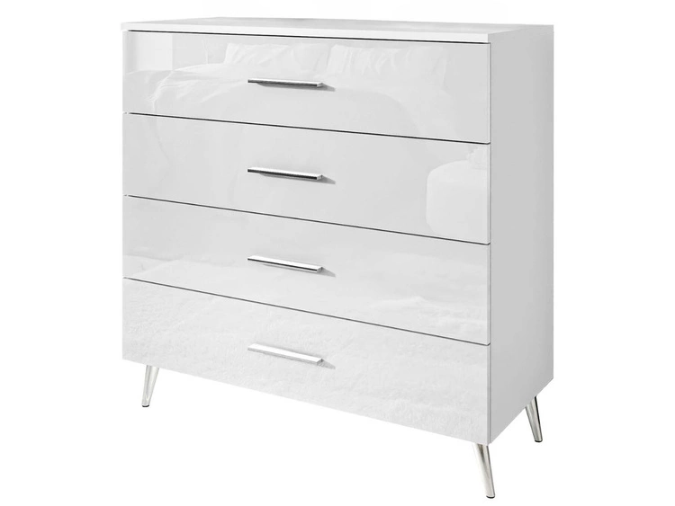 Kommode mit vier Schubladen und LED-Beleuchtung auf Silbernen Metallbeinen Nuveo Weiß Hochglanz