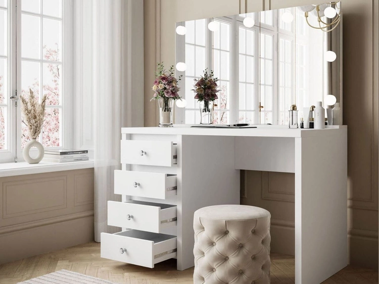 Schminktisch mit Schubladen, Kristallgriffe und LED-Beleuchtung Nesso Weiß Matt