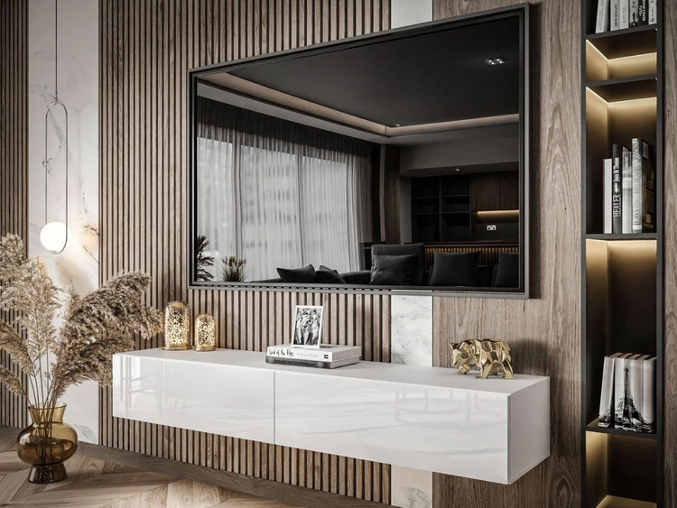 Hängendes TV-Lowboard mit zwei Türen 175 cm mit LED-Beleuchtung Sorelle Weiß Hochglanz