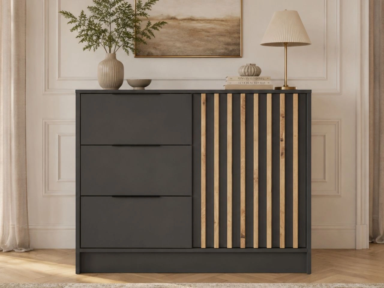 Kommode mit Türe und Schubladen 105 cm Macron Graphit Artisan Eiche