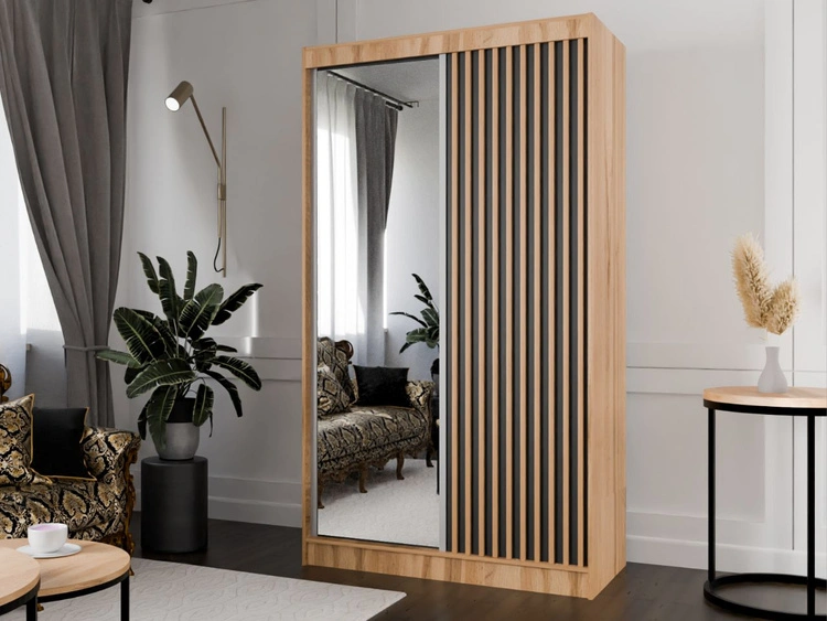 Schiebetürenschrank mit Spiegel und Lamellen 120 cm Loreto Handwerk Goldene Eiche, Schwarz