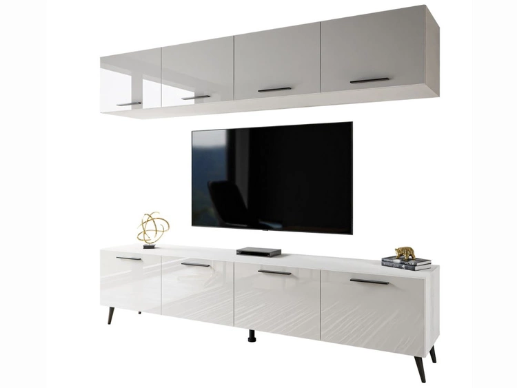 Wohnwand für das Wohnzimmer auf Schwarzen Metallbeinen Noaé Weiß Hochglanz