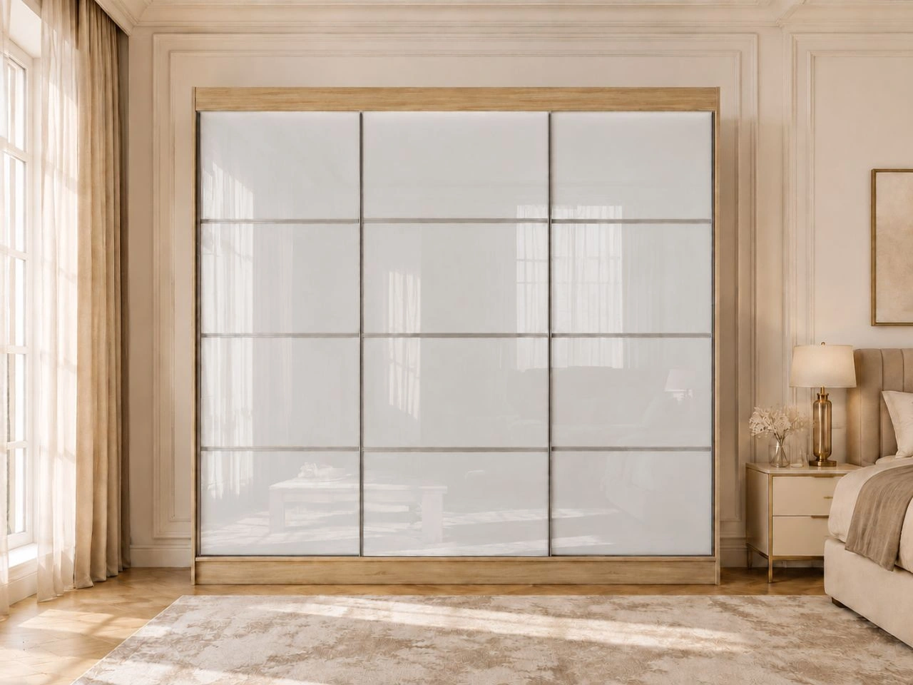 Schiebetürenschrank mit Sprossen 250 cm mit LED-Beleuchtung Ponti Eiche Sonoma, Weiß