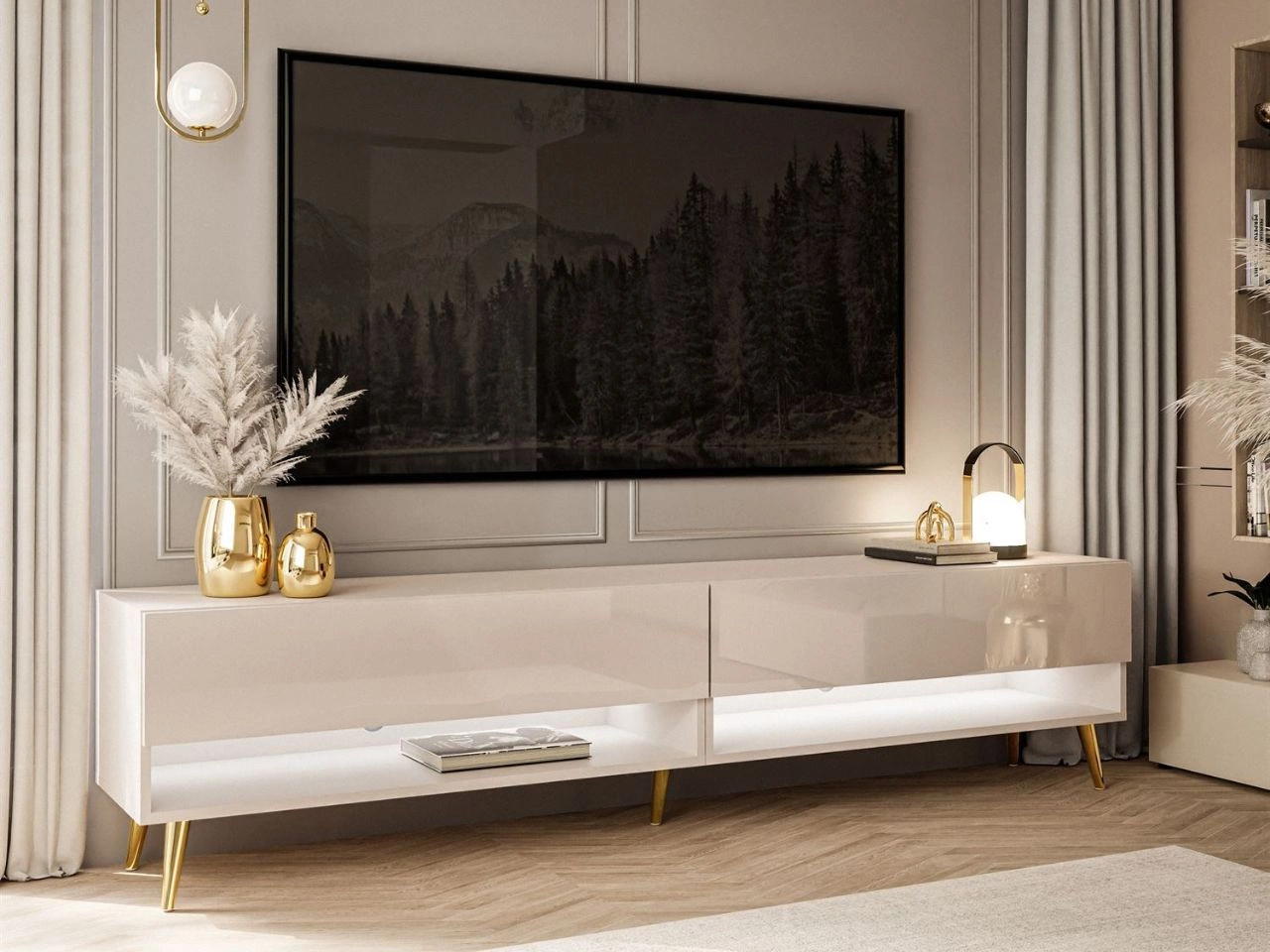 TV-Schrank für das Wohnzimmer 180 cm mit goldenen Beinen und LED-Beleuchtung Aurelie Kaschmir Hochglanz