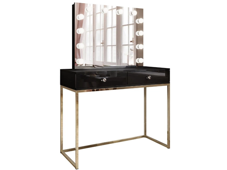 Schminktisch Glamour mit Schubladen, Spiegel und LED-Beleuchtung Brisa Schwarz Hochglanz