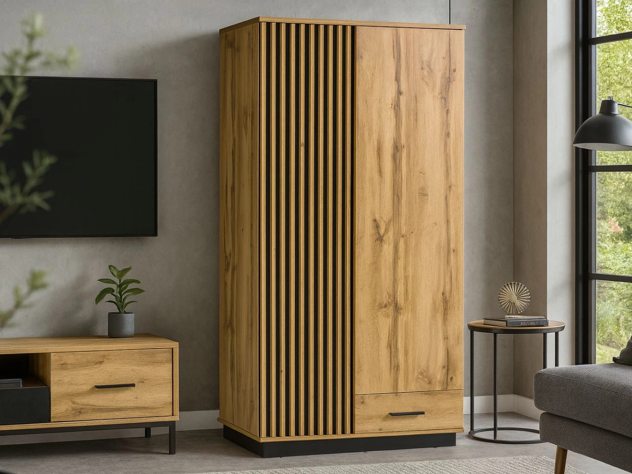 Kleiderschrank 90 cm mit Lamellen und Flügeltüren für das Wohnzimmer Lavore Wotan Eiche, Schwarz matt