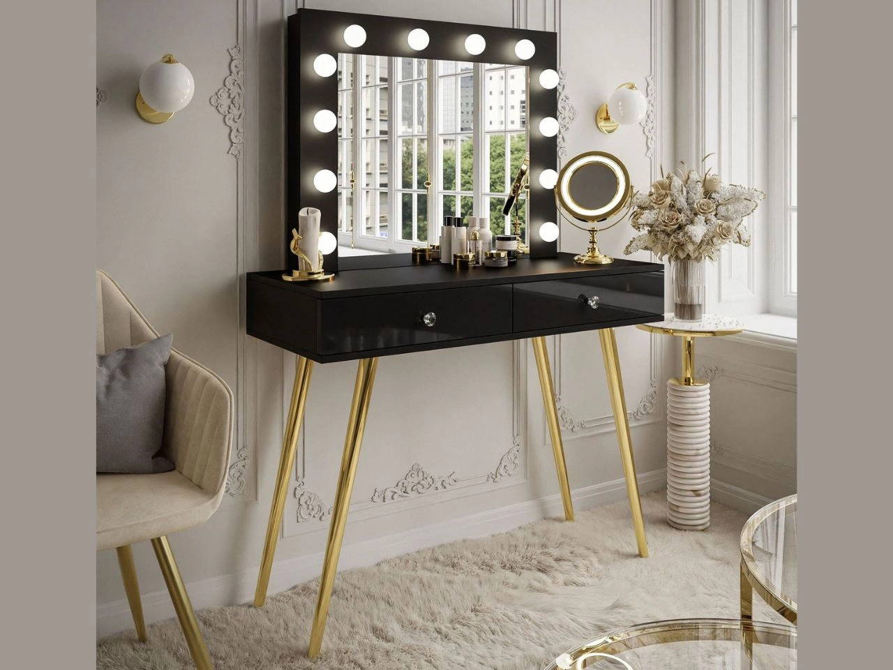 Schminktisch glamour mit Schubladen, Spiegel und LED-Beleuchtung Olivine Schwarz Hochglanz