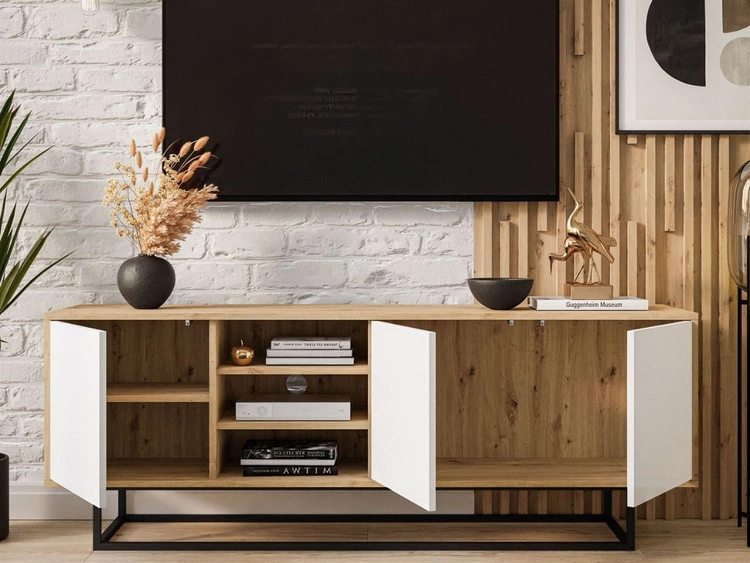 TV-Lowboard schwarzes Gestell Vivance Weiß und Eiche Artisan