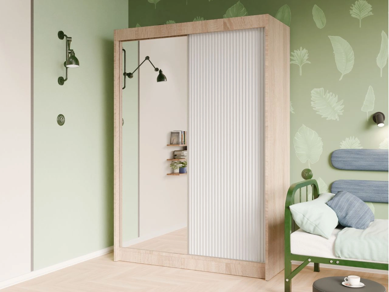 Schiebetürenschrank mit geriffelter Front und Spiegel 150 cm Fano Eiche Sonoma, Weiß