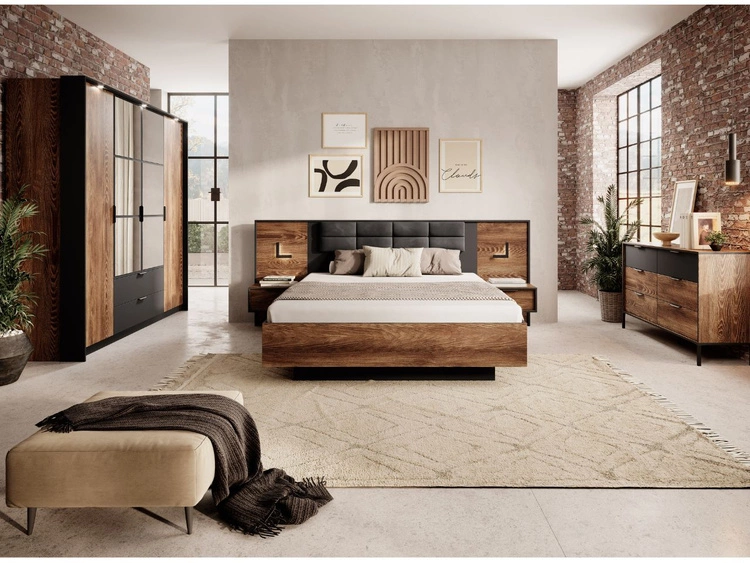 Kleiderschrank mit Spiegel und Schubladen Montreal Kastanie, Schwarz