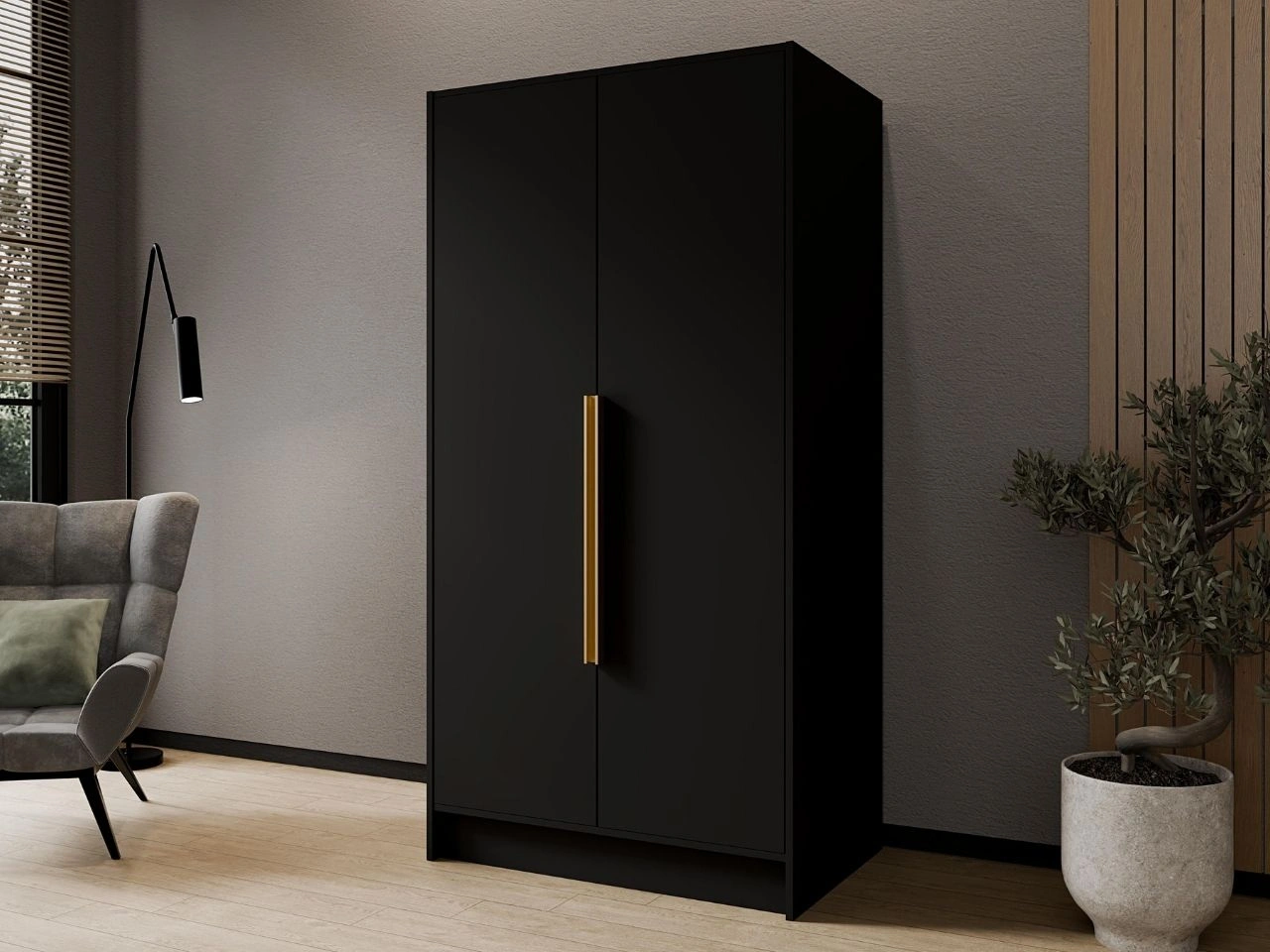 Kleiderschrank 100 cm Perugia Schwarz mit goldenen Griffen