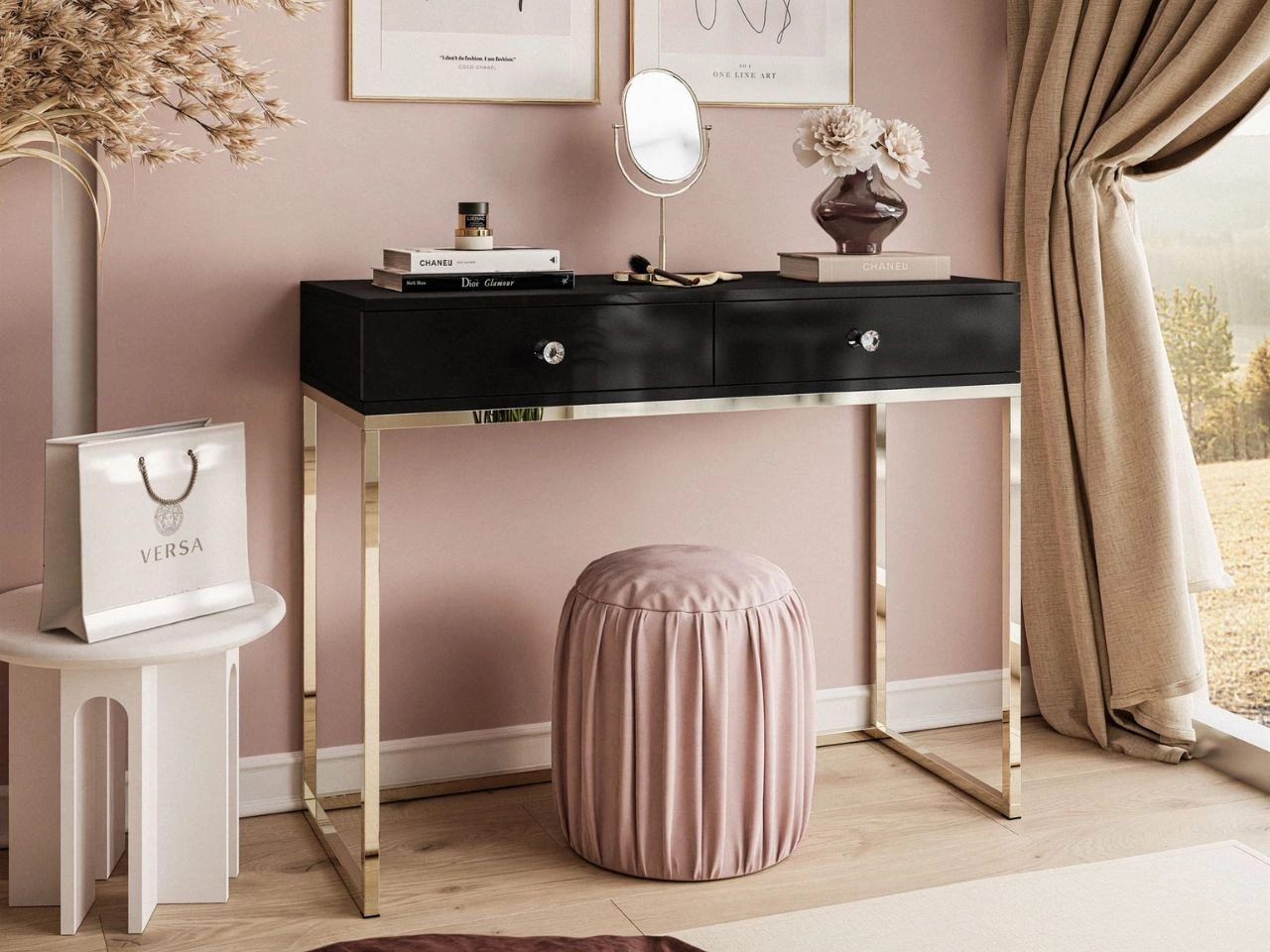 Konsolentisch mit Schubladen, goldenem Gestell und Kristallgriffen Brisa Schwarz Hochglanz