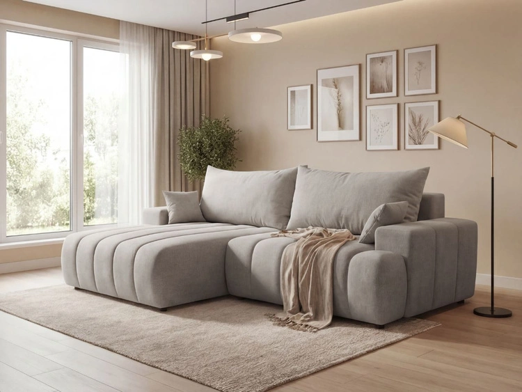 Ecksofa L-Form Links mit Schlaffunktion und Bettkasten Caleo Hellgrau