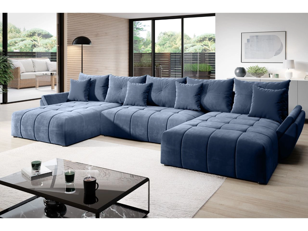 Wohnlandschaft mit Schlaffunktion und Bettkasten Decor U Hellblau
