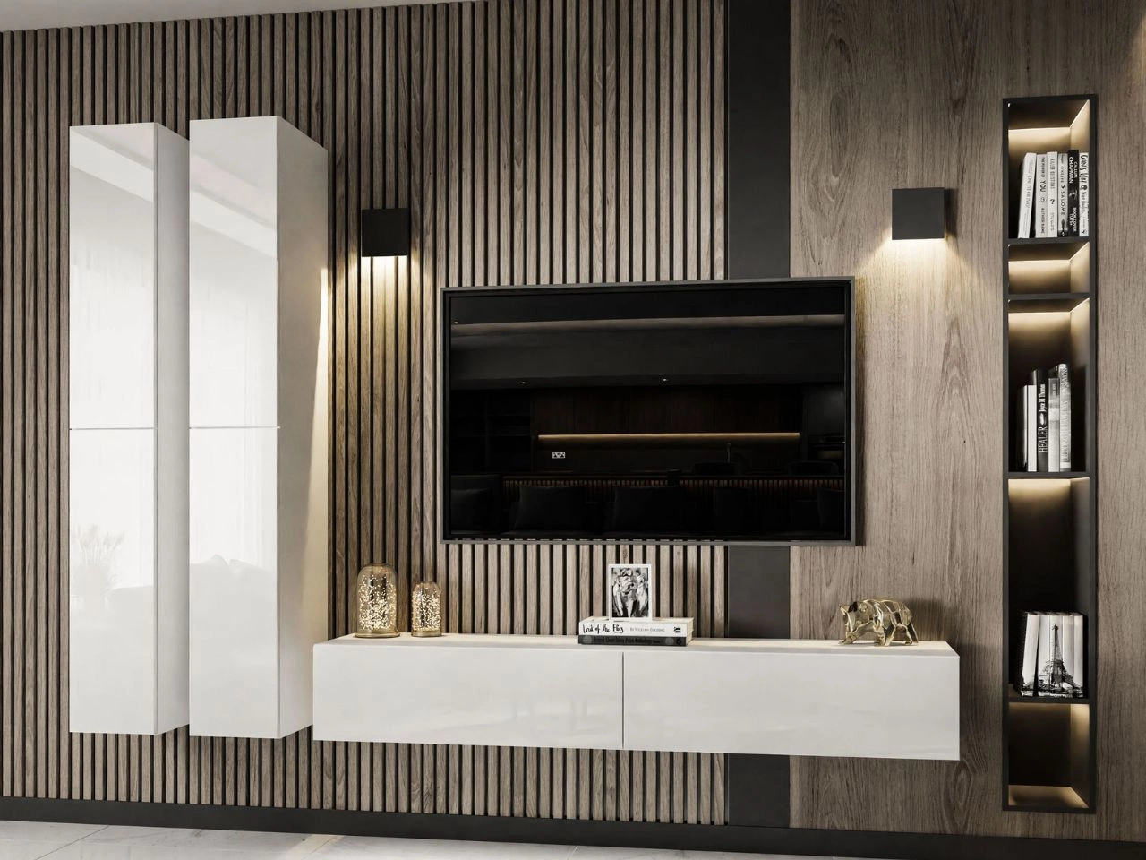 Hängende Wohnwand für das Wohnzimmer Sorelle Weiß Hochglanz