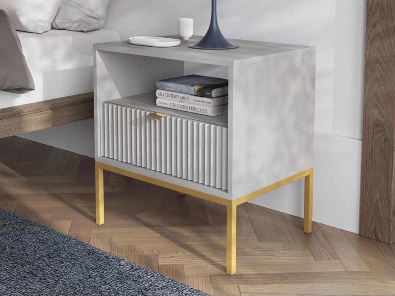 Nachtschrank mit Schublade Amber Grau, Gold Frame