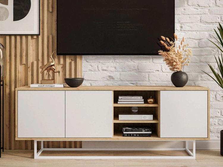 TV-Lowboard mit Türen auf weißem Gestell Vivance Weiß und Artisan Eiche