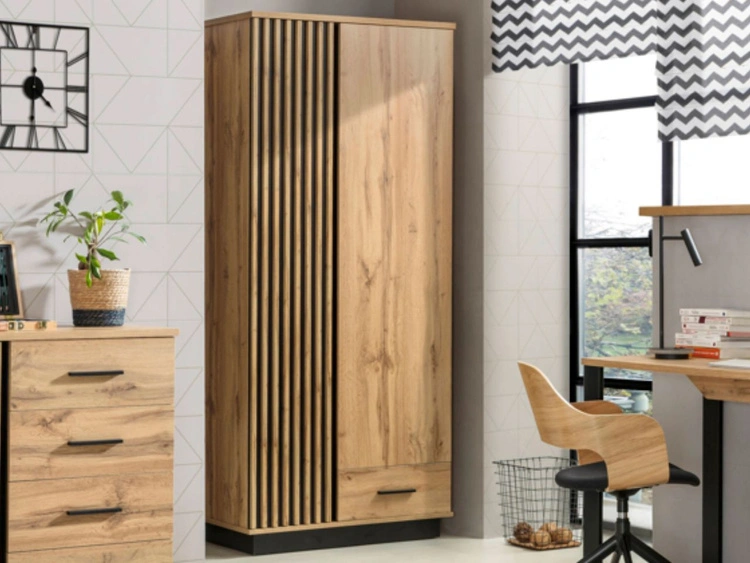 Kleiderschrank 90 cm mit Lamellen und Flügeltüren für das Wohnzimmer Lavore Wotan Eiche, Schwarz matt