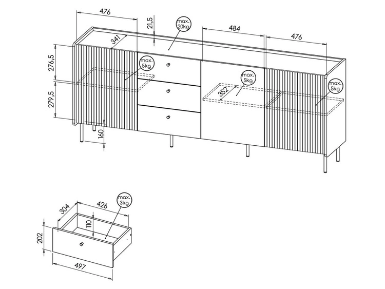 Kommode mit Türen und Schubladen 200 cm Pascale Nussbaum Warmia, Schwarz