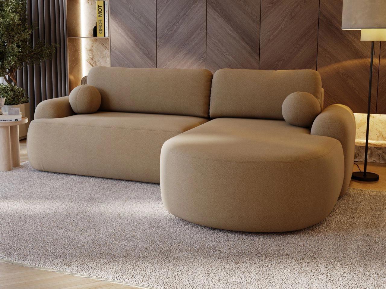 Ecksofa L-Form Rechts mit Schlaffunktion und Bettkasten Aurio Hellbraun