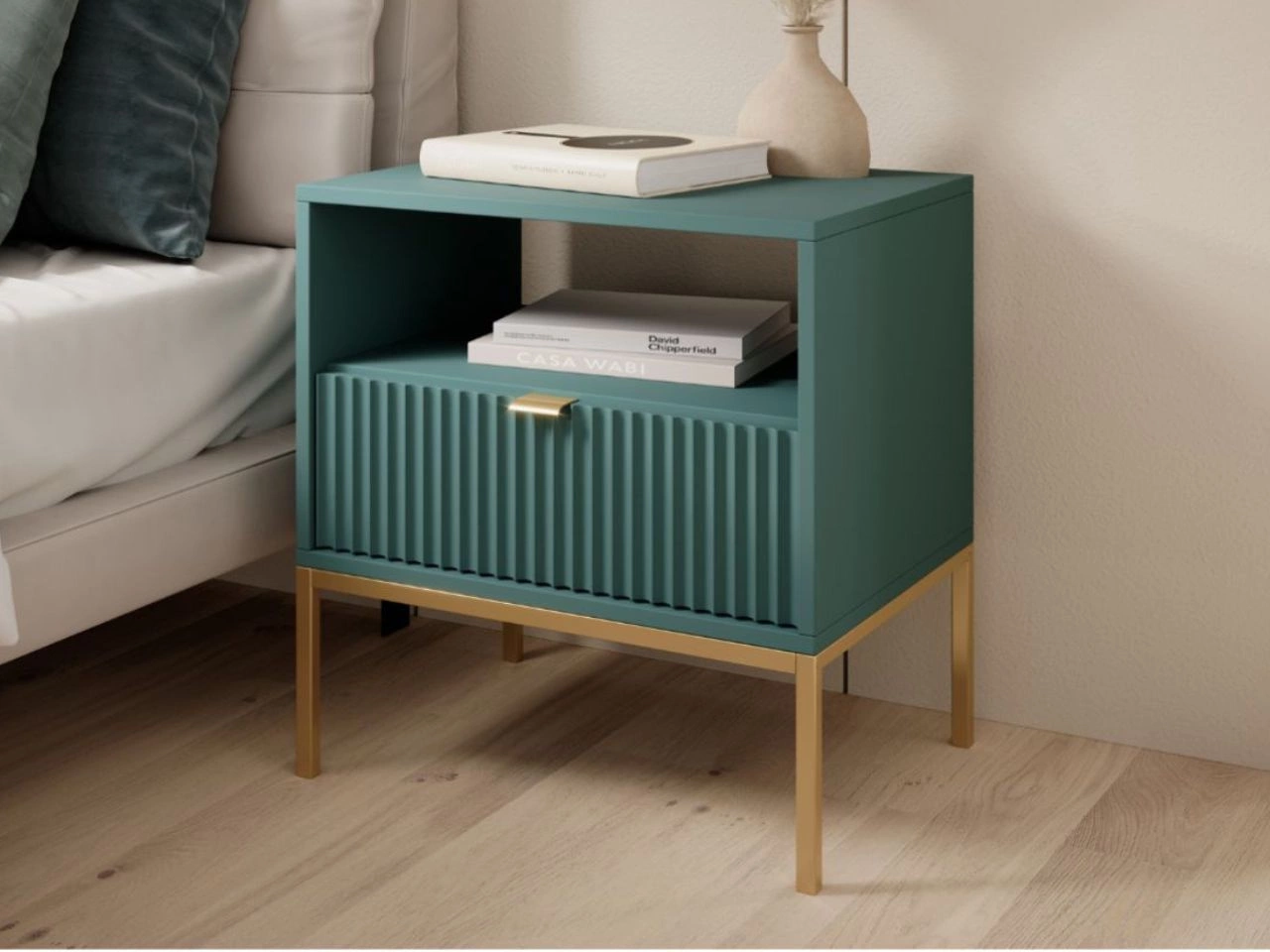 Nachtschrank mit Schublade Amber Grün, Golden Rahmen