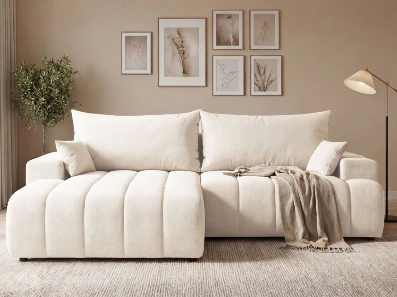 Ecksofa L-Form Links mit Schlaffunktion und Bettkasten Caleo Creme