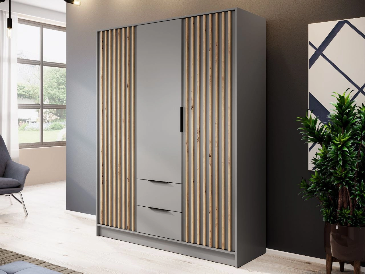 Kleiderschrank 155 cm Macron Grau, Artisan Eiche