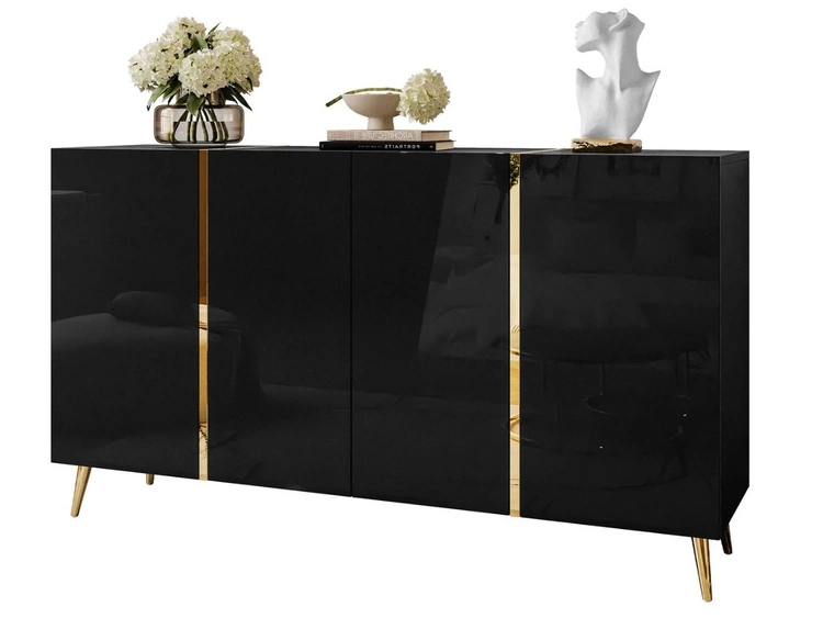 Viertürige Kommode 158 cm Glamour-Stil auf goldfarbenen Metallbeinen Lunelie Schwarzglanz