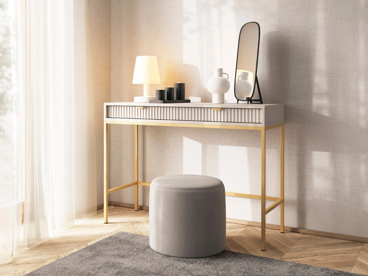 Schminktisch mit Schubladen Amber auf goldenen Beinen