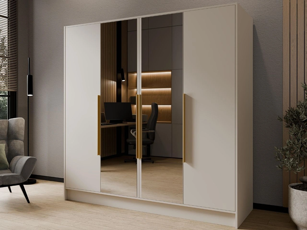 Kleiderschrank mit Spiegel 200 cm Lucca Kaschmir mit goldenen Griffen