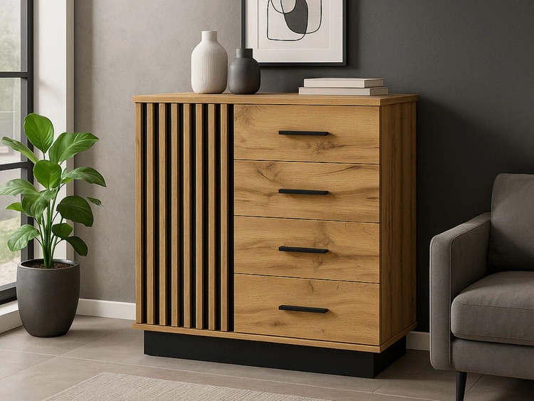 Set industriell anmutender Möbel für den Raum Lavore Wotan Eiche, Schwarz matt